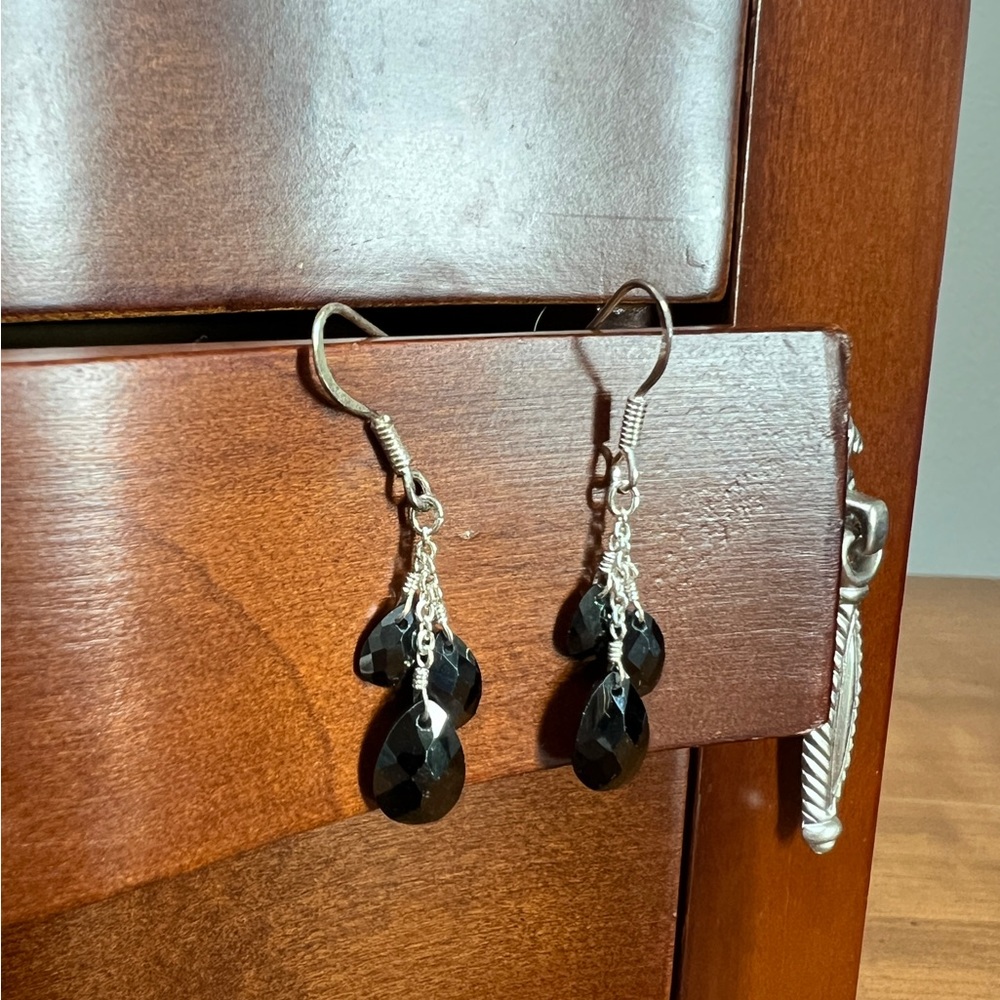 Black Teardrop Crystal Dangle Earrings — Silver Chain Accent, 1” Drop